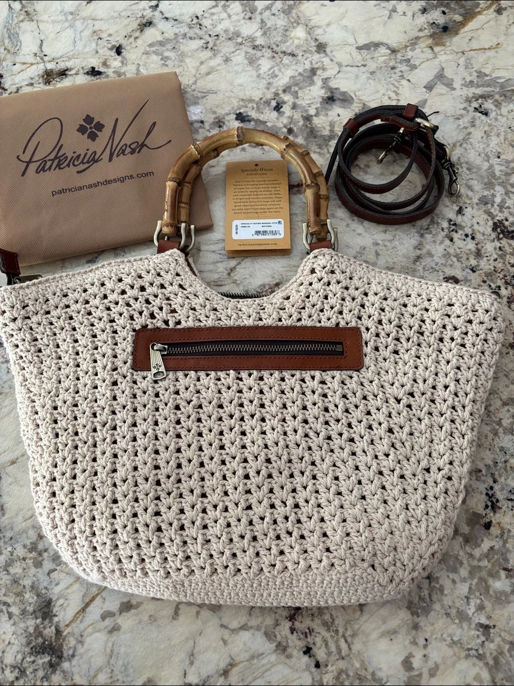 Patricia Nash Mazara Cream Crochet Tote with Bamboo Handles